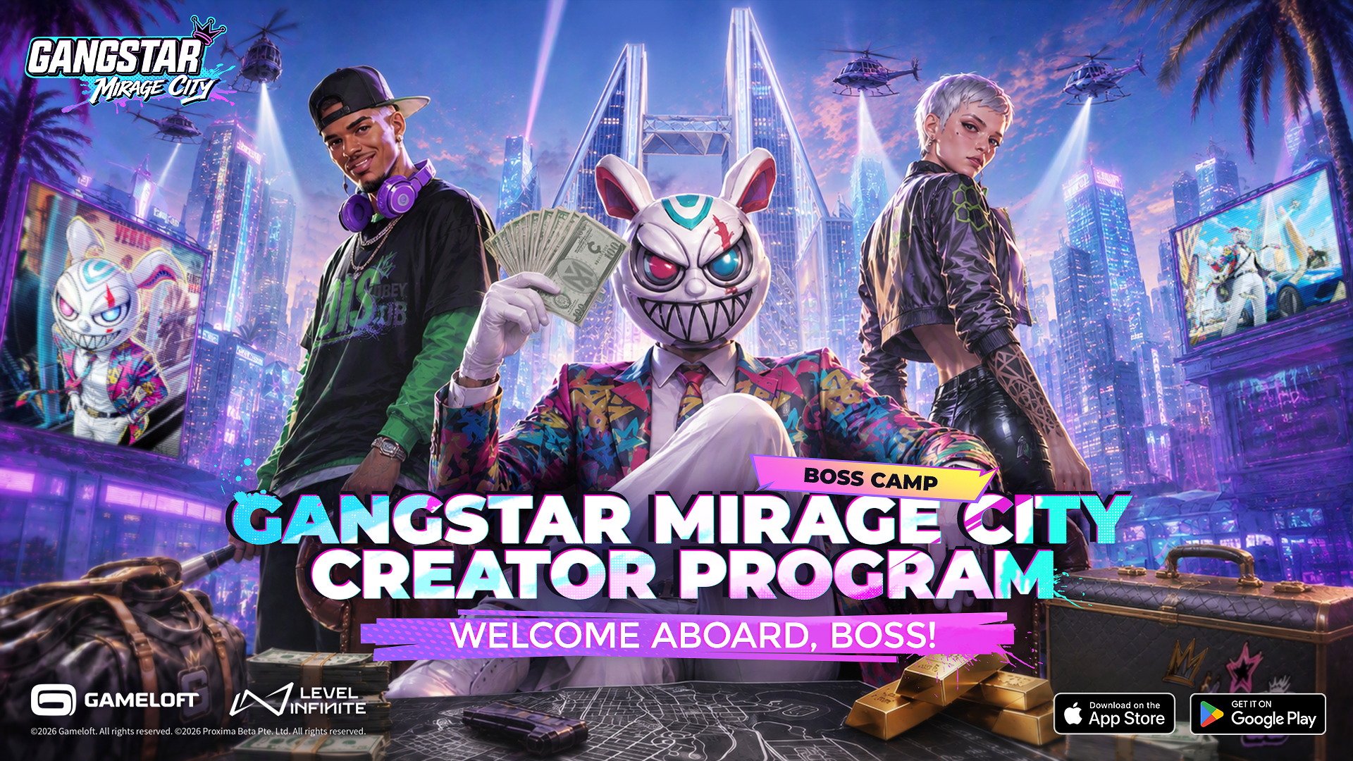 Gangstar Mirage City official creator programme banner with masked characters and Level Infinite Gameloft logos